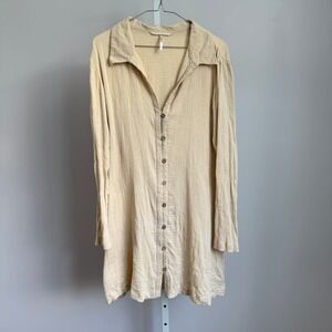 Free‎ People  Long Sleeve Mini Dress Button Front Neutral Beige Boho size L